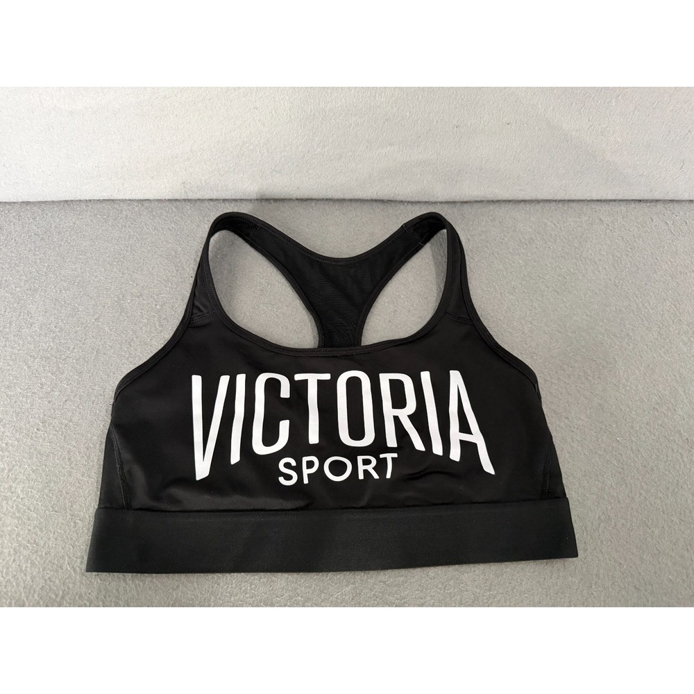 Victoria's Secret Sport Pullover Bra Size L Black White Spell Out Graphic Logo
